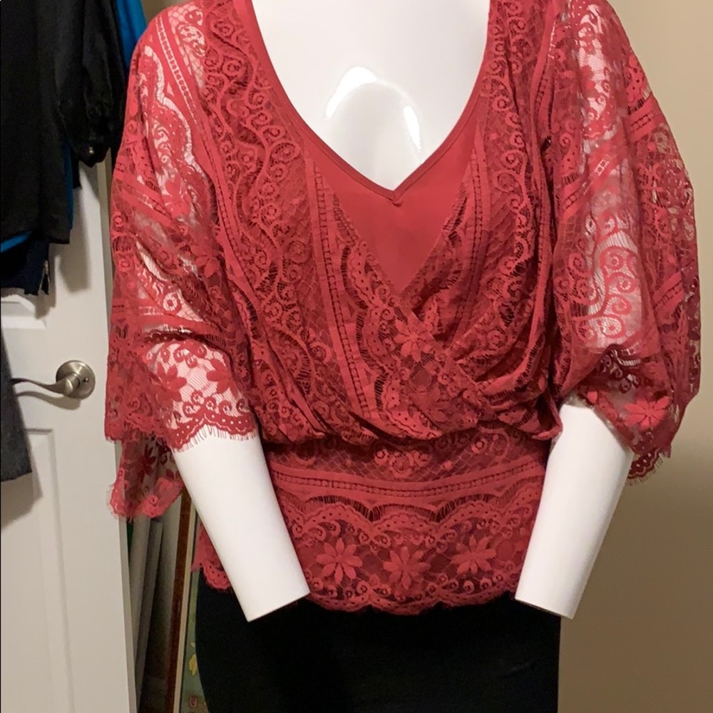 Beyond Vintage Mixed Floral & Geometric Lace Faux Wrap Fully Lined Cap Sleeve  S - Picture 11 of 16